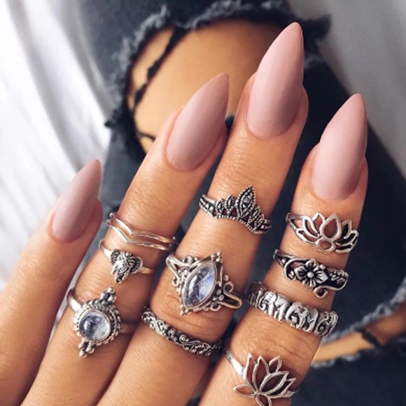 🌸10PC: SILVER MIDI KNUCKLE LOTUS RINGS BOHO OPAL - Picture 7 of 7